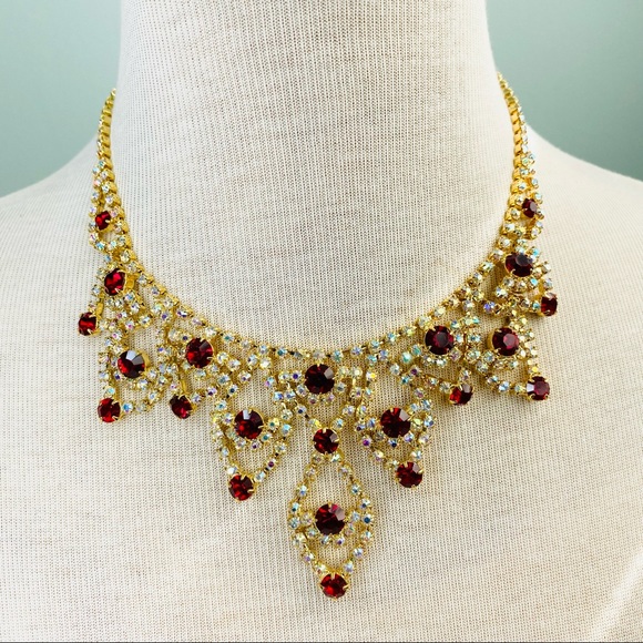 Deep Red Ruby & Gold Color Rhinestones NECKLACE / Stunning Statement necklace - Picture 1 of 4